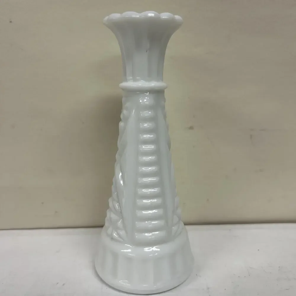 Small White Vintage Milk Glass Bud Vase Intricate Design 6”